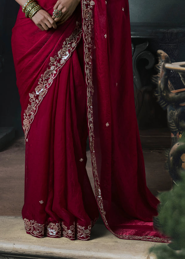 Tango Red Embroidered Designer Saree