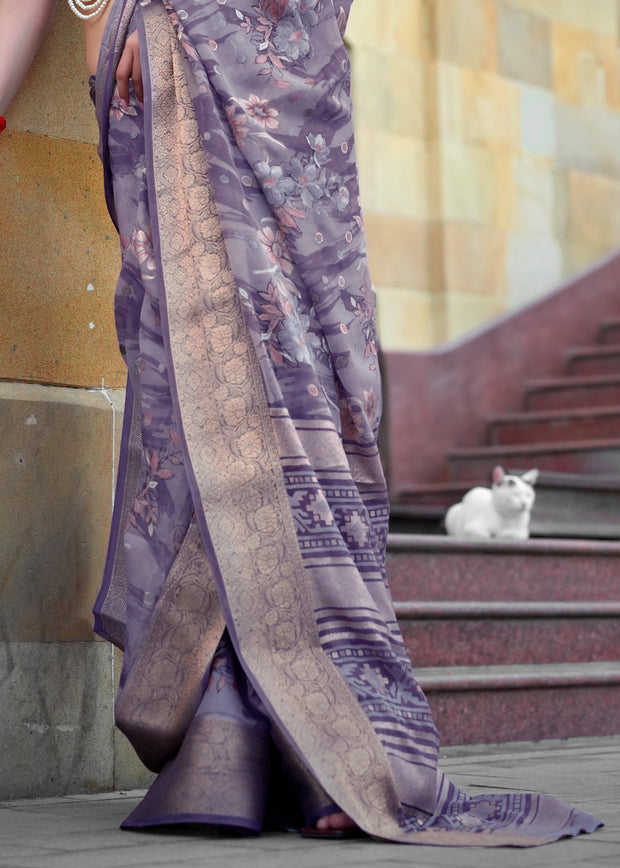 Lavender Purple Printed Georgette Silk Saree