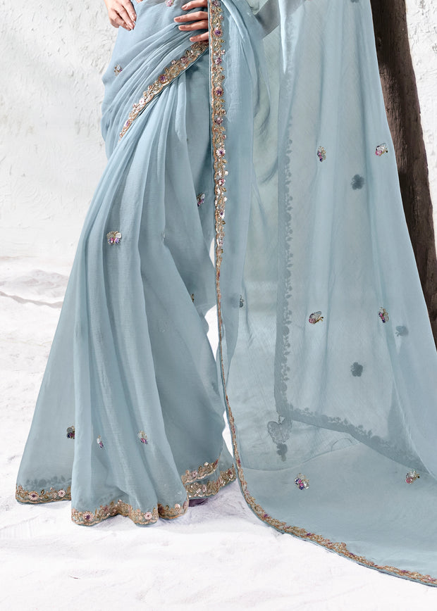 Slate Blue Designer Organza Silk Saree With Printed Blouse