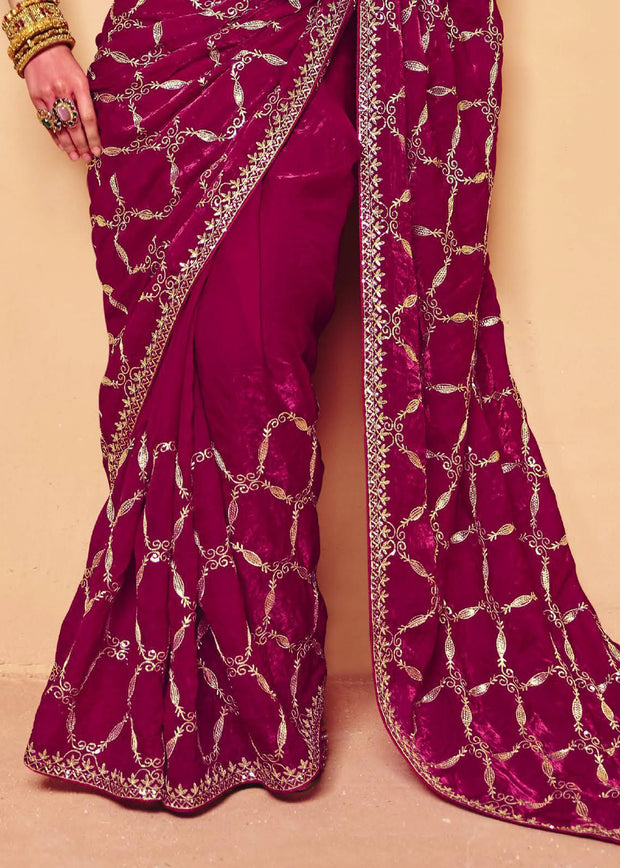 Sangria Red Embroidered Designer Tissue Saree