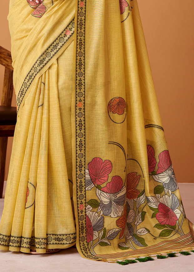 Lemon Yellow Woven Cotton Saree