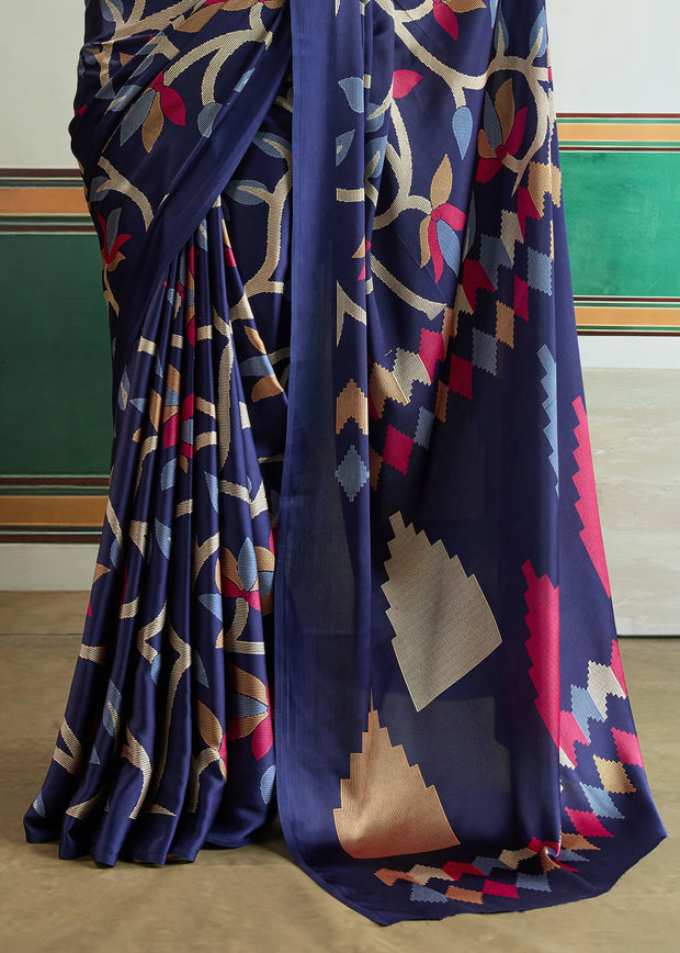 Twilight Blue Printed Satin Silk Saree