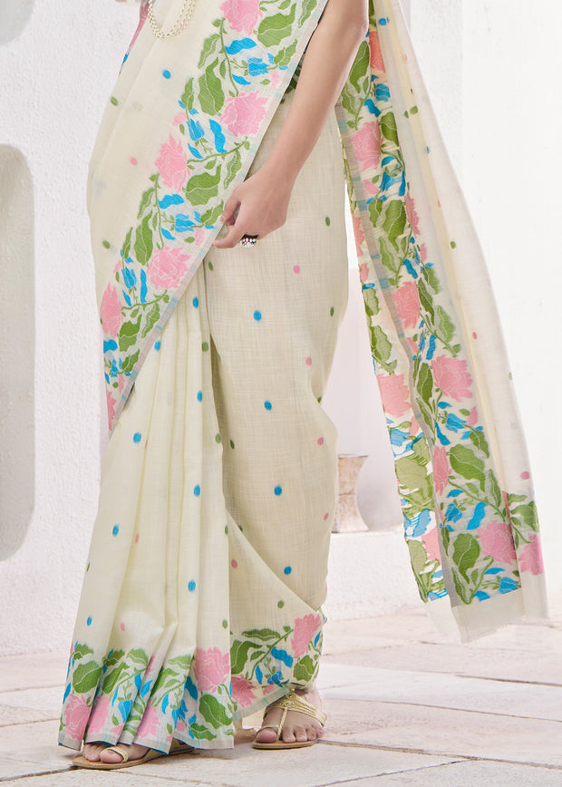 Marshmallow White Woven Linen Silk Saree