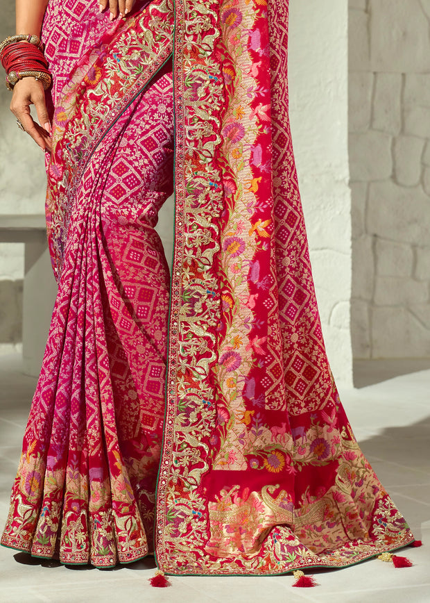 Pink Embroidered Georgette Bandhej Saree