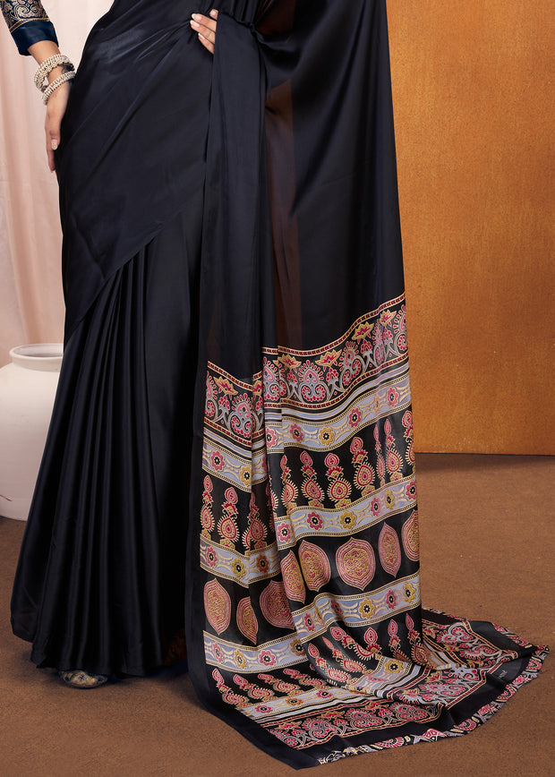 Adoring Black Satin Silk Saree with Ajrakh Printed Pallu and Blouse