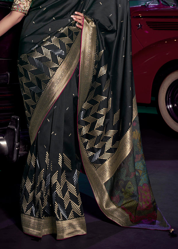 “Exclusive Offer” : Phantom Black Woven Banarasi Silk Saree With Embroidered Blouse