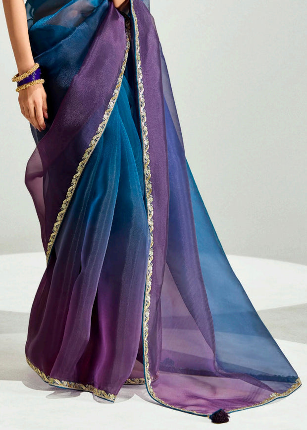 Coral Blue Ombre Designer Tissue Saree With Embroidered Blouse