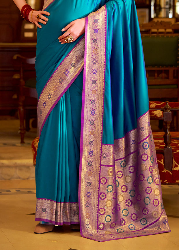 Swedish Blue Woven Banarasi Soft Silk Saree