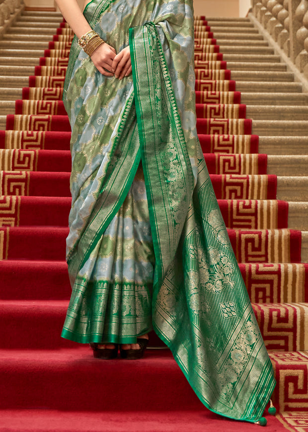 Emerald Green Printed Satin Silk Saree
