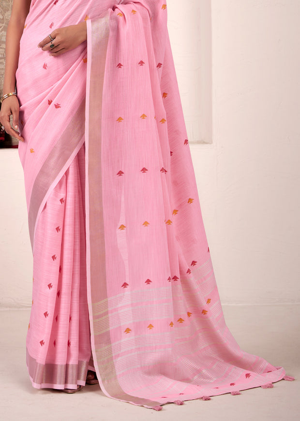 Lilac Pink Woven Linen Silk Saree