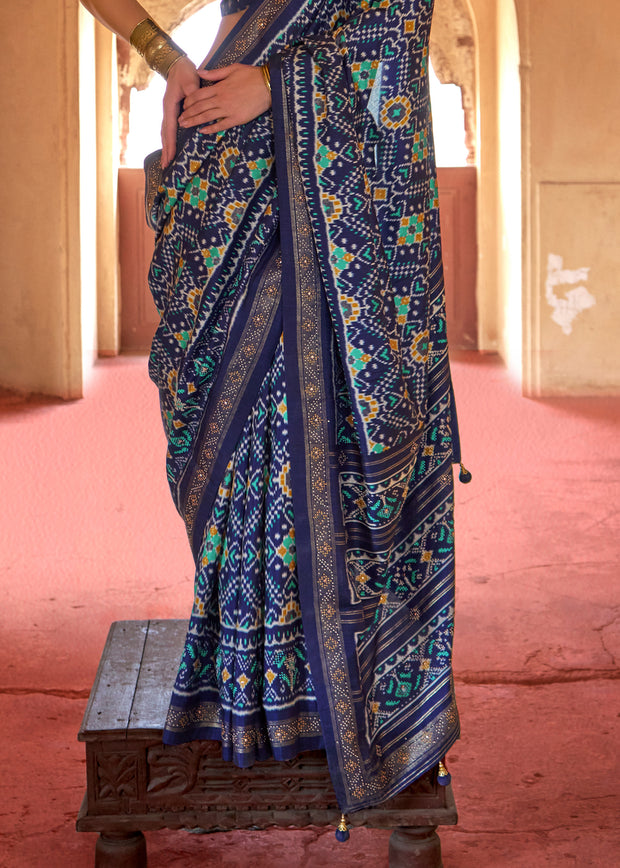 Navy Blue Printed Patola Silk Saree