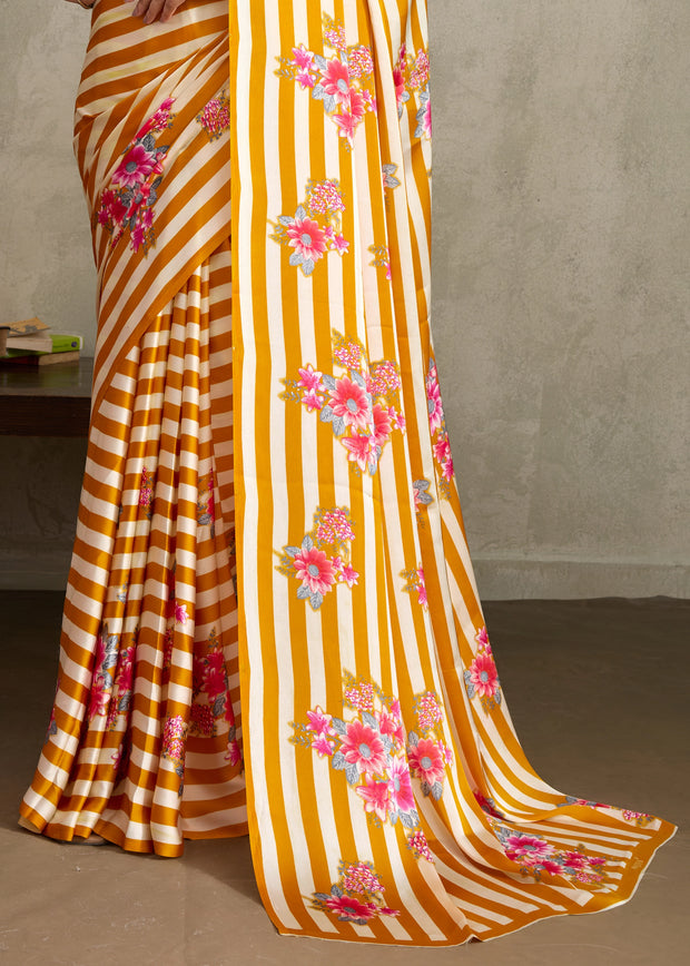 Bright Yellow Printed Satin Silk Saree