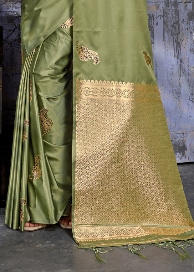 Olive Green Woven Banarasi Satin Silk Saree
