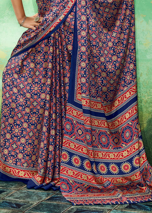 Blue Printed Satin Silk Saree