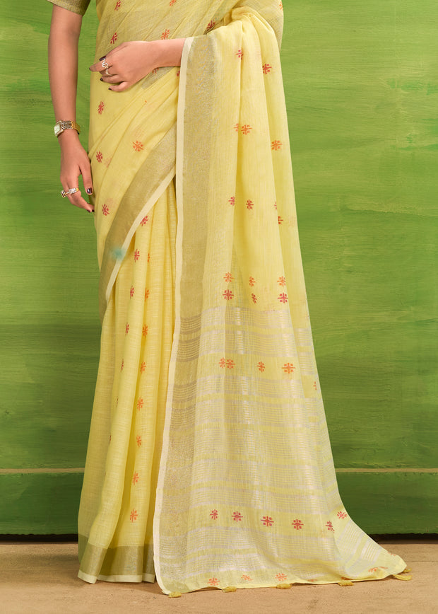 Pastel Yellow Woven Linen Silk Saree