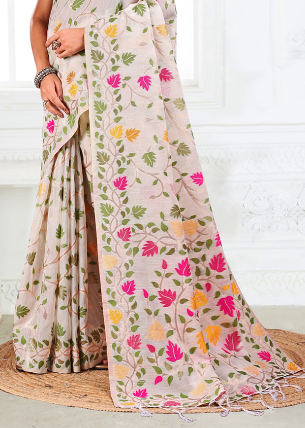 Moon White Woven Linen Cotton Silk Saree