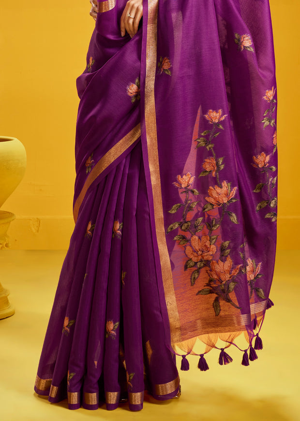 Magenta Purple Woven Munga Cotton Silk Saree