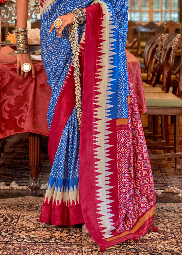 Victoria Blue Printed Patola Silk Saree