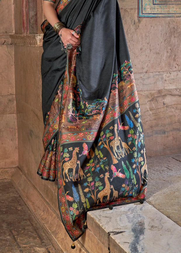 Beautiful Black Printed Silk Saree
