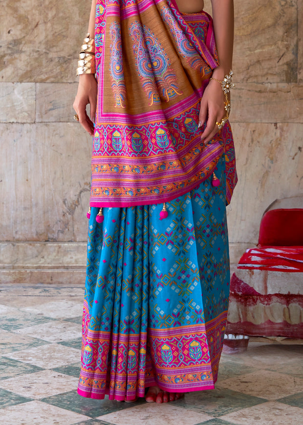 Sky Blue Patola Printed Silk Saree