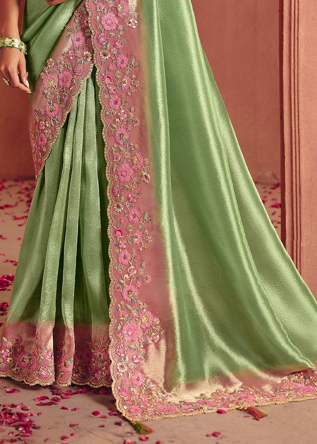 Irish Green Designer Embroidered Saree