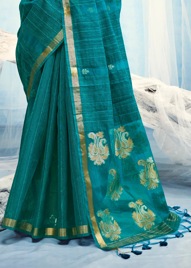 Teal Blue Woven Cotton Silk Saree
