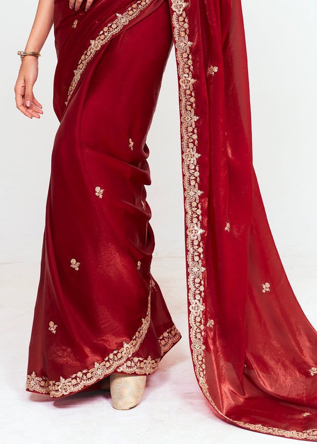 Maroon Designer Embroidered Tissue Saree