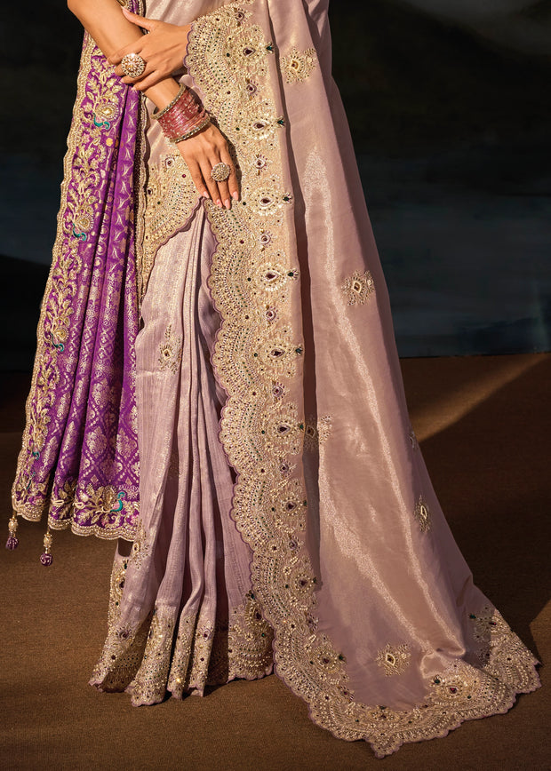 Light Purple Embroidered Tanchoi Silk Saree With Dupatta