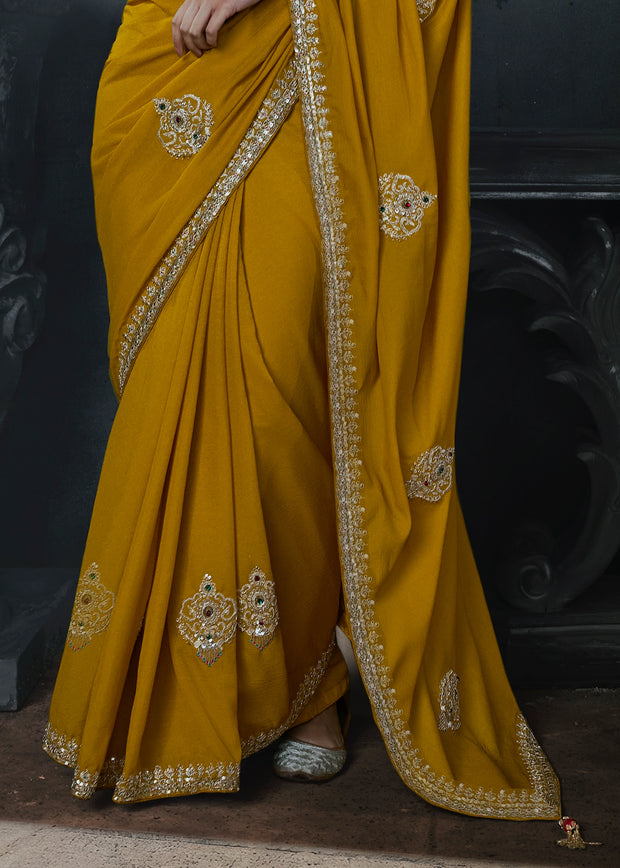 Honey Yellow Embroidered Designer Saree