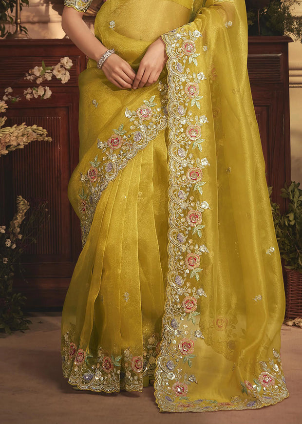 Mimosa Yellow Designer Tissue Organza  Saree