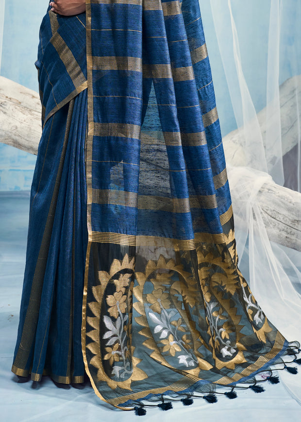 Indigo Blue Woven Munga Cotton Saree