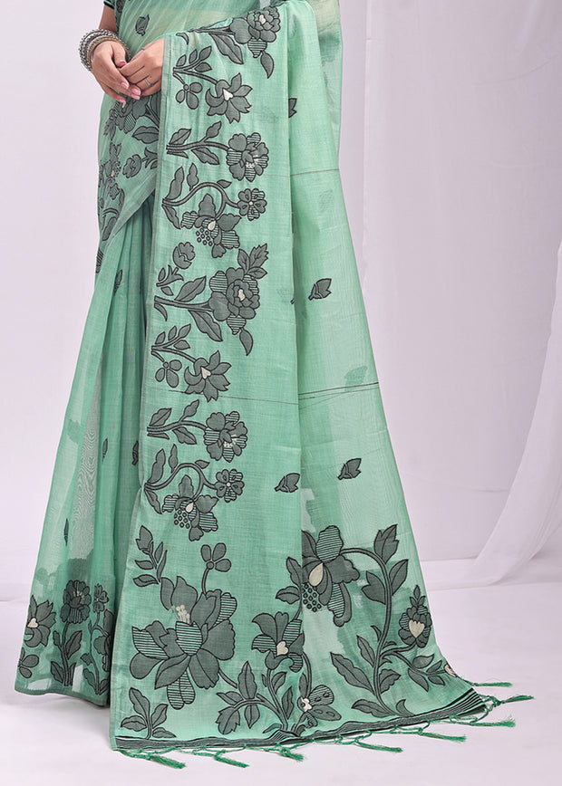 Sea Green Woven Cotton Linen Silk Saree