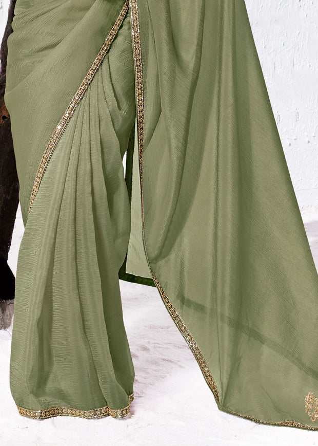 Olive Green Designer Organza Silk Saree With Printed Blouse