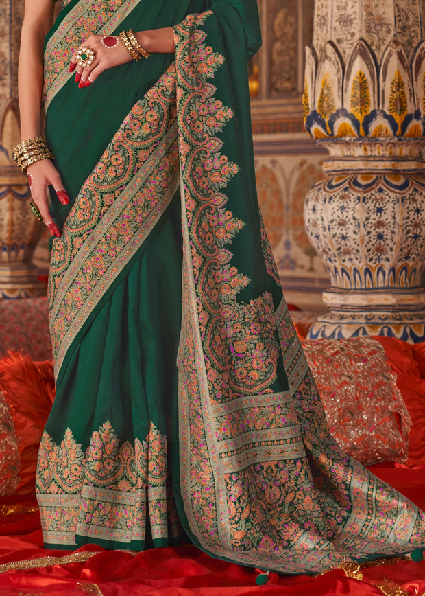 Bottel Green Printed Kashmiri Jamewar Saree