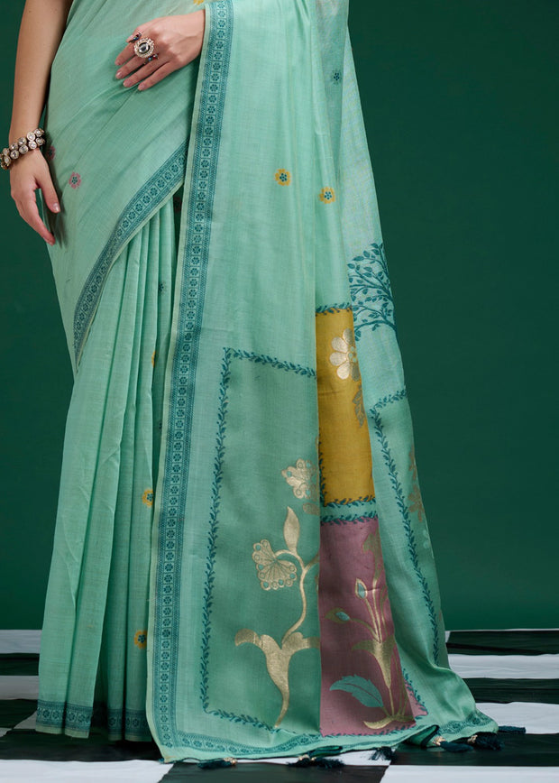 Sea Green Woven Cotton Jamdani Saree