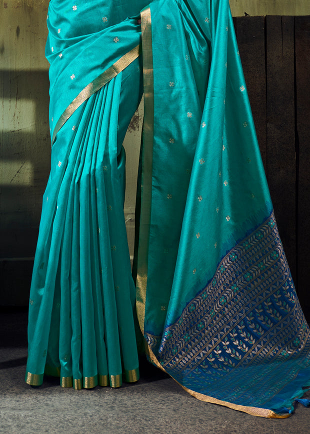 Teal Blue Banarasi Tusser Silk Saree