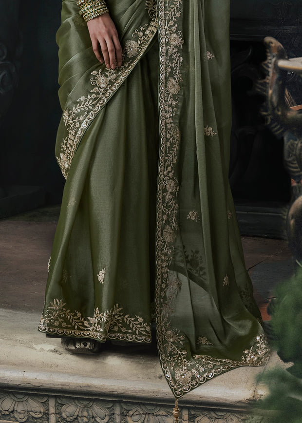 Olive Green Embroidered Designer Saree