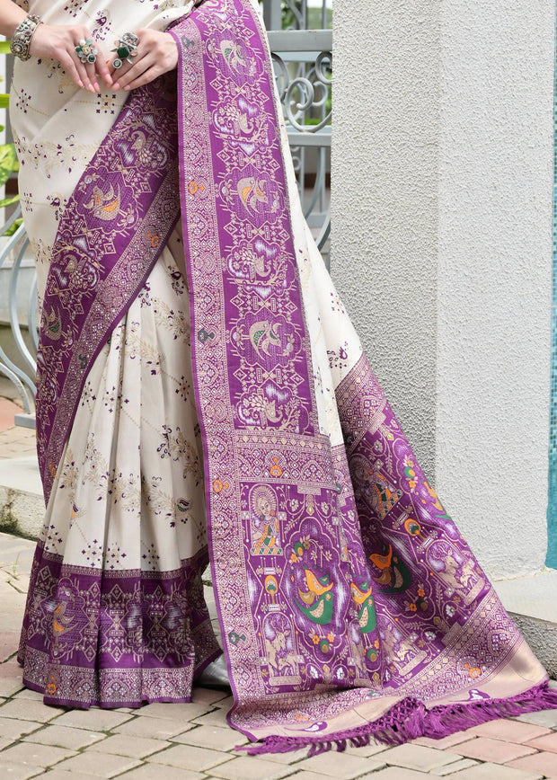 White & Purple Woven Banarasi Patola Silk Saree