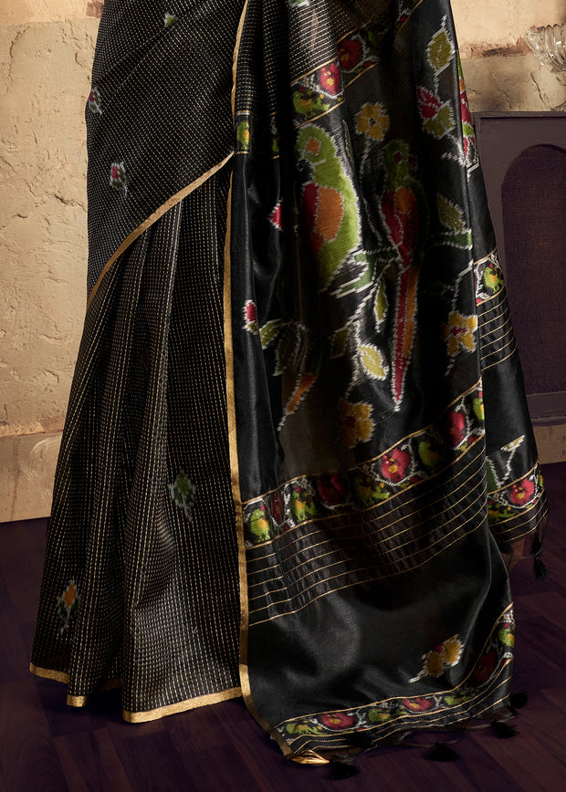 Jet Black Woven silk saree