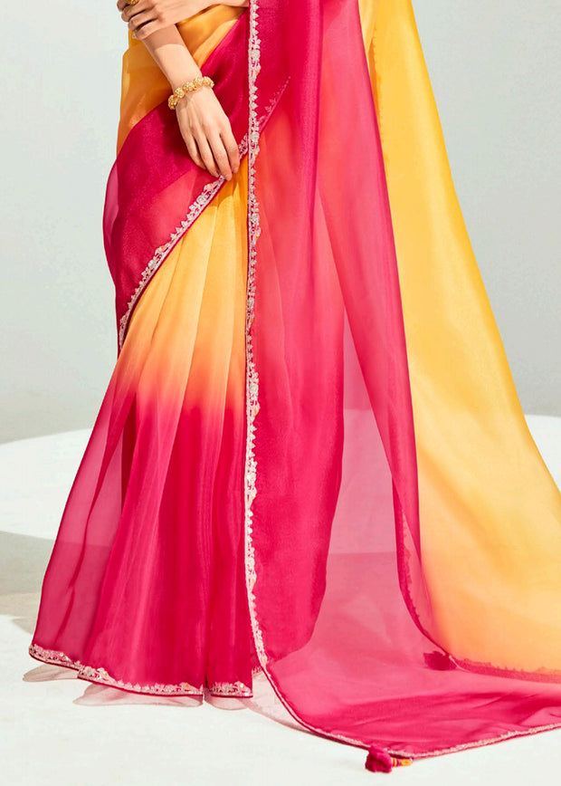 Yellow Red Ombre Tissue Designer Tissue Saree With Embroidered Blouse