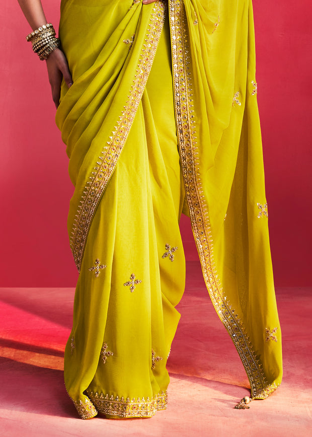 Lime Green Embroidered Soft Silk Saree With Contrast Blouse
