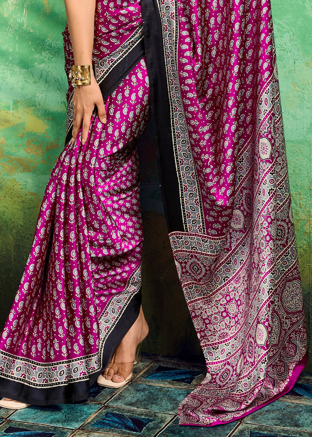 Orchid Purple Printed Satin Silk Saree
