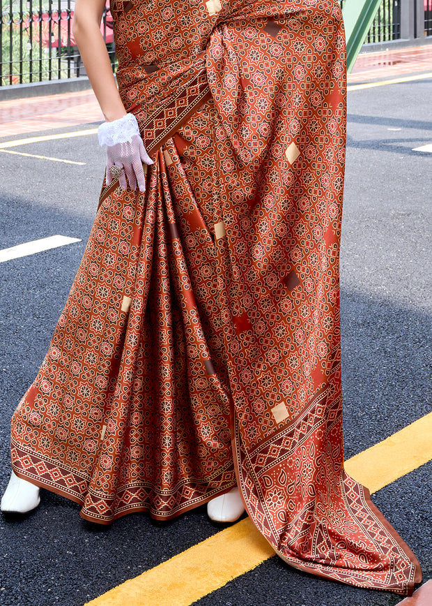 Caramel Brown Satin Crepe Digital Printed Saga Saree With Contrast Blouse