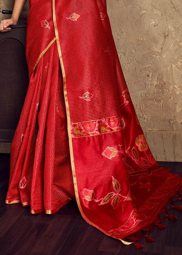 Cherry Red Woven silk saree