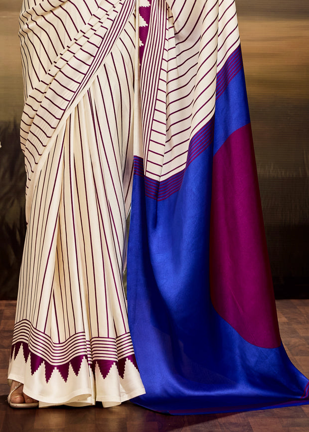 Off white Printed Satin Silk Saree