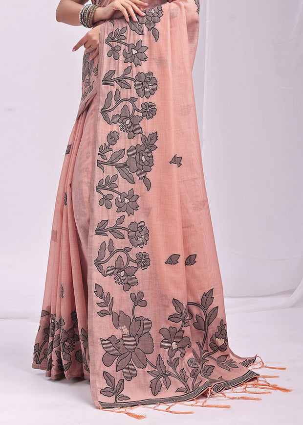 Rose Peach Woven Cotton Linen Silk Saree