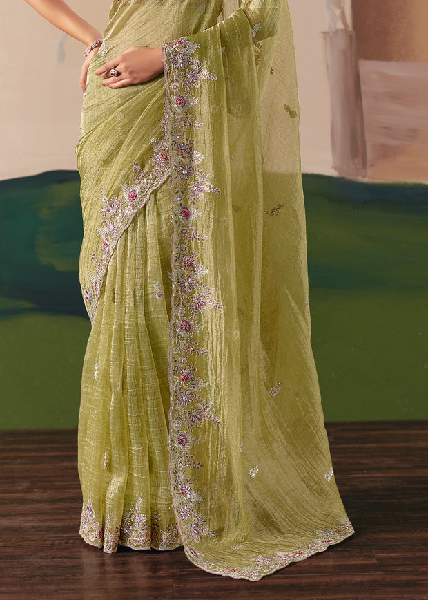 Pista Green Embroidered Designer Saree