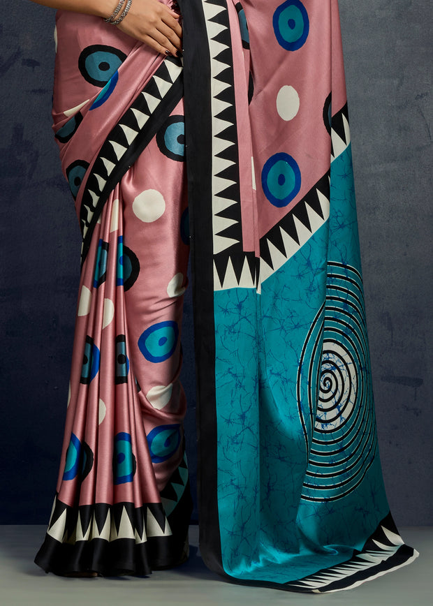 Peach Pink Printed Satin Silk Saree