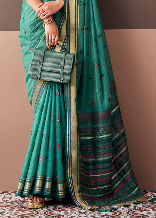 Teal Green Woven Cotton Silk Saree