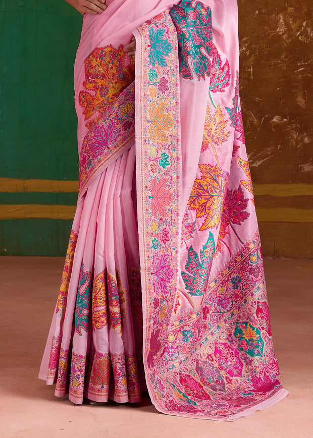 Powder Pink Woven Cotton Kashmiri Jamewar Saree